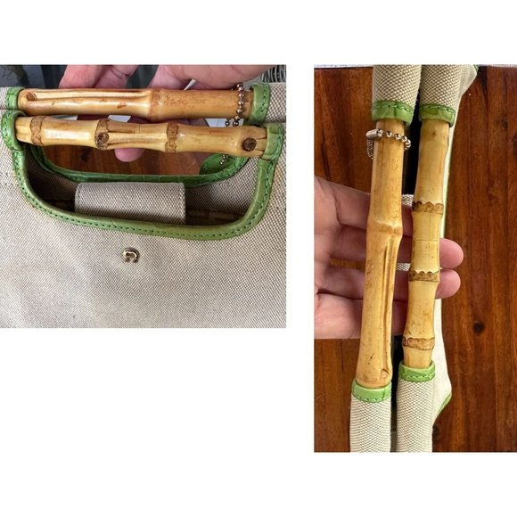 Vintage Etienne Aigner Canvas Leather Handbag Bamboo Handles Snap Closur… - Picture 8 of 12